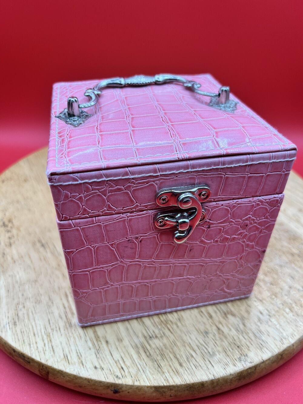 Pink 3 Tier Jewelry Box Crocodile Embossed Faux Leather Portable